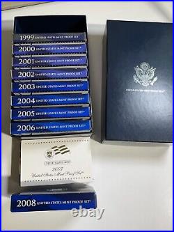 10 Proof Sets Boxes & COAs 1999-2008 COMPLETE 109 COINS total US Mint