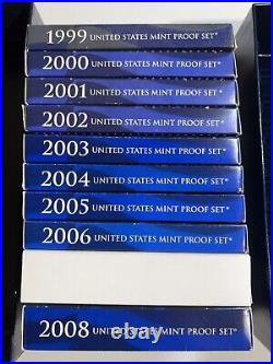 10 Proof Sets Boxes & COAs 1999-2008 COMPLETE 109 COINS total US Mint