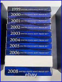 10 US Mint Proof Sets Boxes & COAs 1999 2008 COMPLETE 109 COINS total