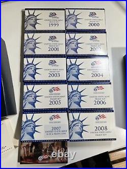 10 US Mint Proof Sets Boxes & COAs 1999 2008 COMPLETE 109 COINS total