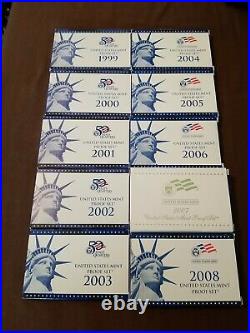 10 Us United States Mint Proof Sets 1999 2008 Complete As Issued Lot Nice Deal