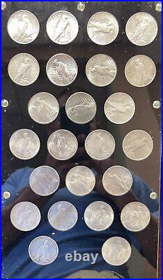 1921-1935-s Peace Dollar Complete 24 Coin Set, On Vintage Capital Board, Xf-unc
