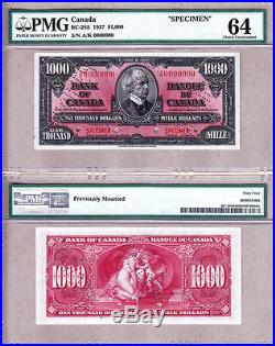 1937 Bank of Canada Complete Specimen Set 8 Notes $1-$1000 PMG CH UNC64