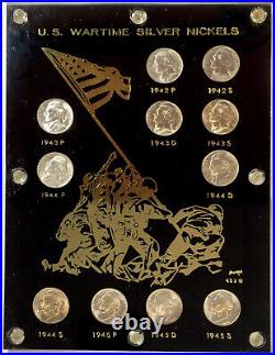 1942-1945 Complete Bu Unc. Wartime Silver Nickel Set! In Iwo Jima Black Display