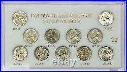 1942 1945 P D S Silver Wartime Nickel 5c AU BU Complete 11 Coin Set & Case