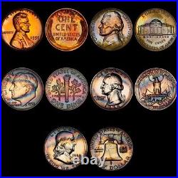 1958 Complete 5 Coin Proof Set, PCGS Trueview- Stunning Rainbow Toned