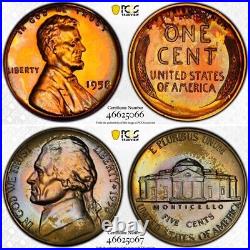 1958 Complete 5 Coin Proof Set, PCGS Trueview- Stunning Rainbow Toned