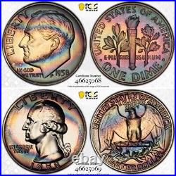 1958 Complete 5 Coin Proof Set, PCGS Trueview- Stunning Rainbow Toned