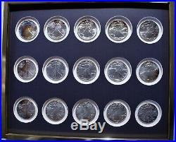 1986 2000 American Silver Eagles Complete 15 Coin Set In Frame Rainbow Toning