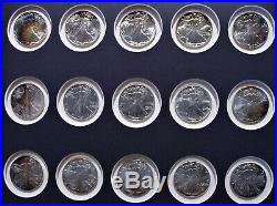 1986 2000 American Silver Eagles Complete 15 Coin Set In Frame Rainbow Toning