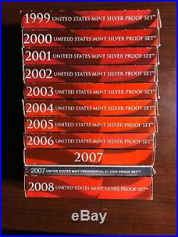 1999 2008 Complete U. S. Silver Proof Coin Set Of Ten 50 State Quarters
