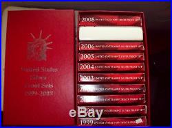 1999 2008 Silver Proof Sets Complete With C. O. A.'s & New Storage Box 109 Coins