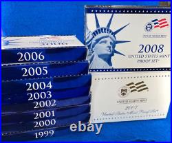 1999 2008 U. S. Mint TEN Proof Sets Complete 109 Proof Coins