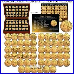 1999-2009 Complete 24K GOLD Clad State Quarters 56-Coin Set CherryWood Style Box