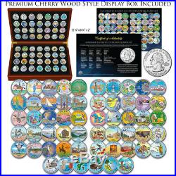 1999-2009 Complete COLORIZED State Quarters 56-Coin Set in Cherry Wood Style Box