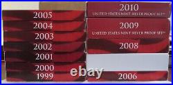 1999 2010 Silver Proof Sets 12 complete sets with COA's and boxes