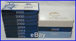 1999 through 2009 PROOF SETS COMPLETE RUN OF 11 SETS