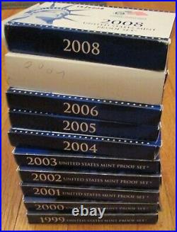 1999 to 2008 Proof Set U. S. Mint 10 Sets Complete 50 State Quarters Box COA