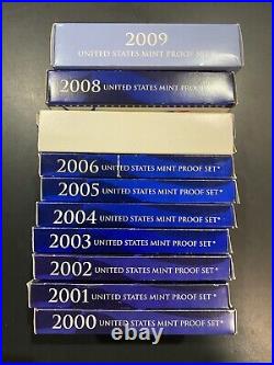 2000 through 2009 US Mint Proof Sets DECADE LOT of all 10 Complete in boxes