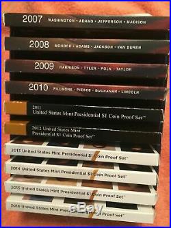 2007-2016 COMPLETE Presidential $1 Coin Proof Sets. With boxes/COAs. Free Ship