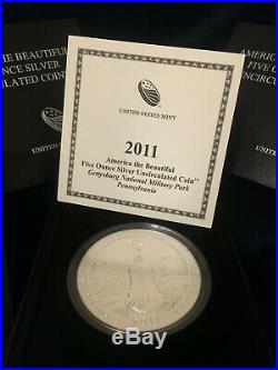 2011 America the Beautiful COMPLETE SET OF 5 Uncirculated 5 oz silver Coins