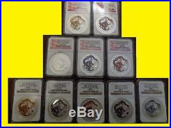 2012 Colorized Silver Dragon 10 Coins Complete Rare Set Ngc Ms 70 Rare
