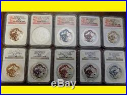 2012 Colorized Silver Dragon 10 Coins Complete Rare Set Ngc Ms 70 Rare