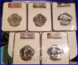 2013 America The Beautiful (25c) 5oz NGC MS69 DPL&PL E/R 5-Coin Complete Set