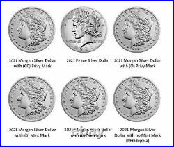 2021 Complete 6 Coin Set Morgan Dollars Cc, P, D, O, S And Peace Dollar