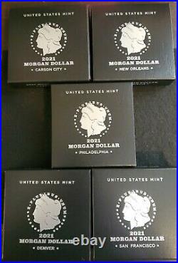 2021 Complete Set of 5 Morgan Dollars. 999 Silver Bullion Coins. CC O P D S