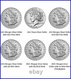 2021 Morgan & Peace Dollar Complete 6 Coin Set (CC O D S P) in OGP withCOA IN HAND