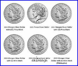 2021 Morgan & Peace Silver Dollar Complete Set 6 Coins CC O Privy D S P US Mint