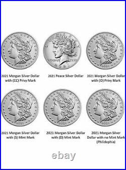2021 Morgan Silver Dollar COMPLETE SET 6 coins (O, CC, S, D, P, & Peace) PRESALE