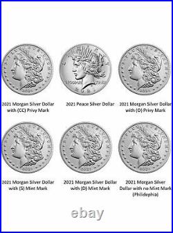 2021 Morgan Silver Dollars (O, CC, S, D, P, & Peace)Complete Set 6 coins Presale