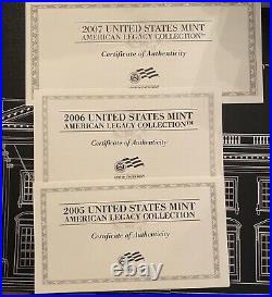 (3) Sets 2005,2006,2007 U. S. Mint American Legacy Collection Complete Sets