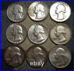 AU/BU COMPLETE SET OF 9 TYPE B 1956 1964 Silver Washington Quarters