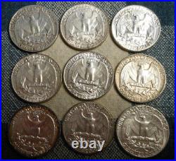 AU/BU COMPLETE SET OF 9 TYPE B 1956 1964 Silver Washington Quarters