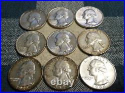 AU/BU COMPLETE SET OF 9 TYPE B 1956 1964 Silver Washington Quarters