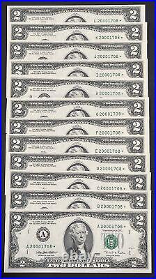 COMPLETE SET OF 12 UNCIRCULATED FED. RES. WithMATCHING $2 STAR NOTES SERIAL #'s