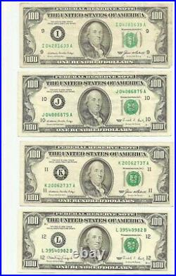 COMPLETE Set of 12 Federal Reserve Bank $100 Notes Small Portrait