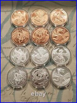 COMPLETE WORLD OF DRAGONS SET 6 1 oz. 999 Silver Coins & 6 Copper in Capsules