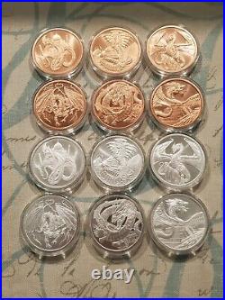 COMPLETE WORLD OF DRAGONS SET 6x 1 oz. 999 Silver Coins & 6 Copper in Capsules