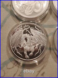 COMPLETE WORLD OF DRAGONS SET 6x 1 oz. 999 Silver Coins & 6 Copper in Capsules