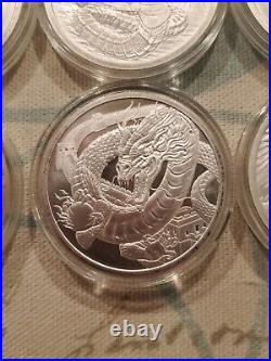 COMPLETE WORLD OF DRAGONS SET 6x 1 oz. 999 Silver Coins & 6 Copper in Capsules