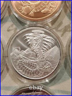 COMPLETE WORLD OF DRAGONS SET 6x 1 oz. 999 Silver Coins & 6 Copper in Capsules