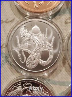 COMPLETE WORLD OF DRAGONS SET 6x 1 oz. 999 Silver Coins & 6 Copper in Capsules