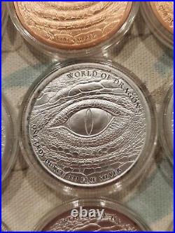 COMPLETE WORLD OF DRAGONS SET 6x 1 oz. 999 Silver Coins & 6 Copper in Capsules