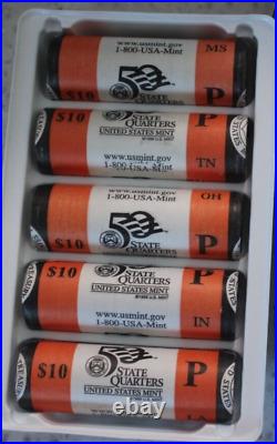 Complete 5 roll 40 COIN -2002 P State Quarters set MS, TN, OH, 1N, LA UNCIRCULATED
