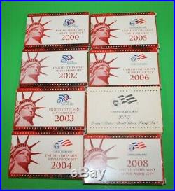Complete Lot 8 2000-2008 US Mint 90% Silver Proof Set Coin Collection