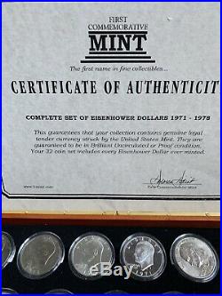 Complete Set Of Eisenhower Dollars 1971-1978 With Custome Box And Coa 32 Coins